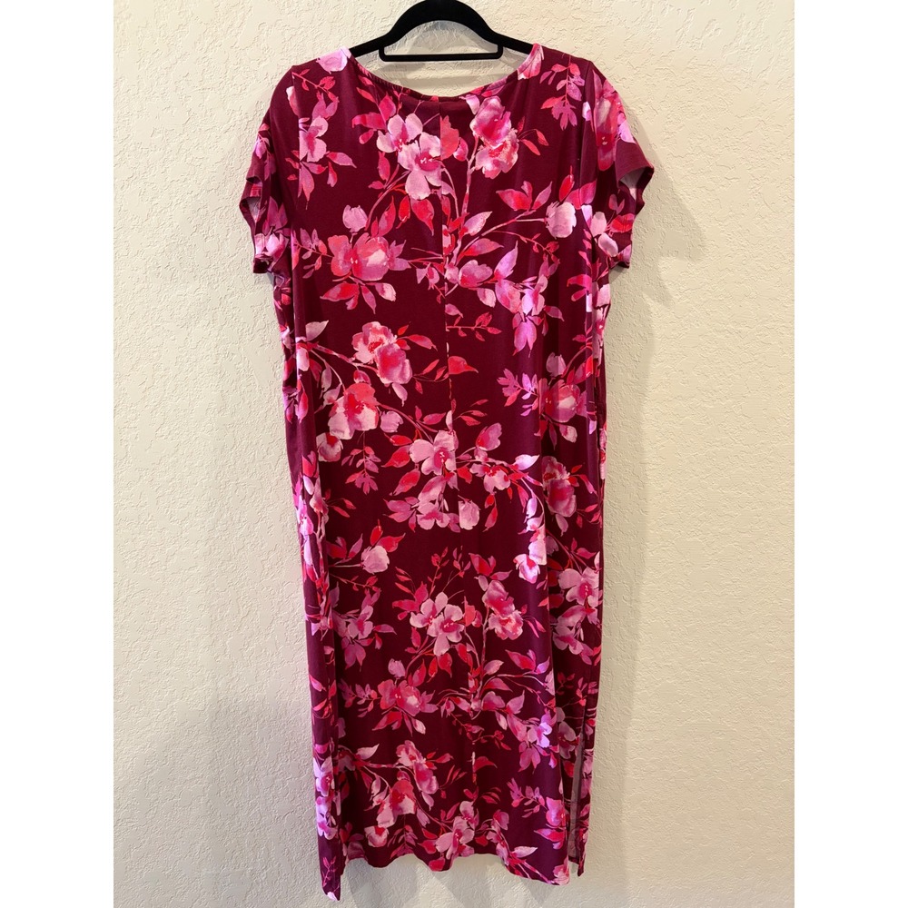 J. Jill Burgundy Pink Floral Short Sleeve Midi Dress Pockets Size L Shift Knit - Picture 4 of 7